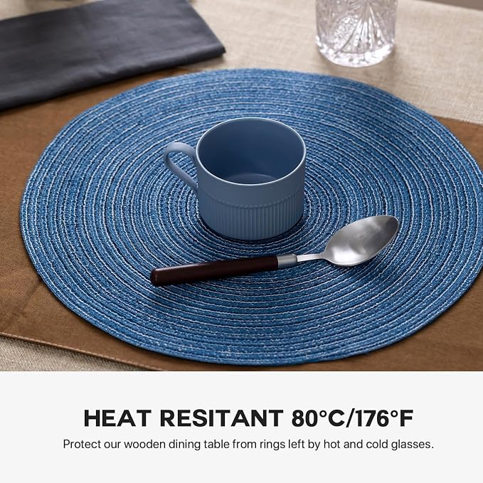 BARoyal Round Placemats Set of 4 Woven Placemats Washable Braided Table Mats for Dining Table Heat Resistant Non-Slip Circle Place Mats(Mid Blue)