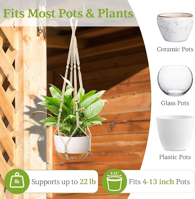 Macrame Plant Hanger - Fits 4-13 Inch Pots, Set of 2, Ivory