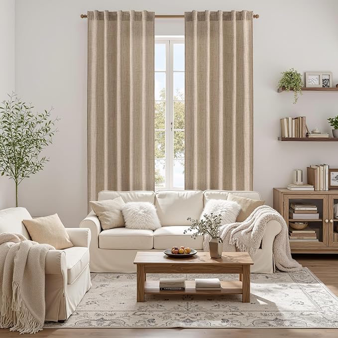 MIULEE Faux Linen Curtains Panels Semi Sheer Curtain with Back Tab Rod Pocket, Light Filtering Window Privacy Burlap Drapes for Living Room Bedroom Copper Brown 42" W x 84" L (Pack of 2)