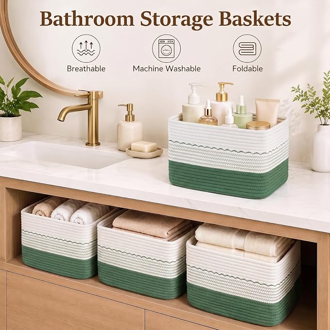 OIASKET 4 Pack Storage Baskets for Organizing, 13"X9"X7.87", Decorative Cotton Rope Baskets for Shelves, Small Woven Basket for Toys, Books and Towels, Green & White