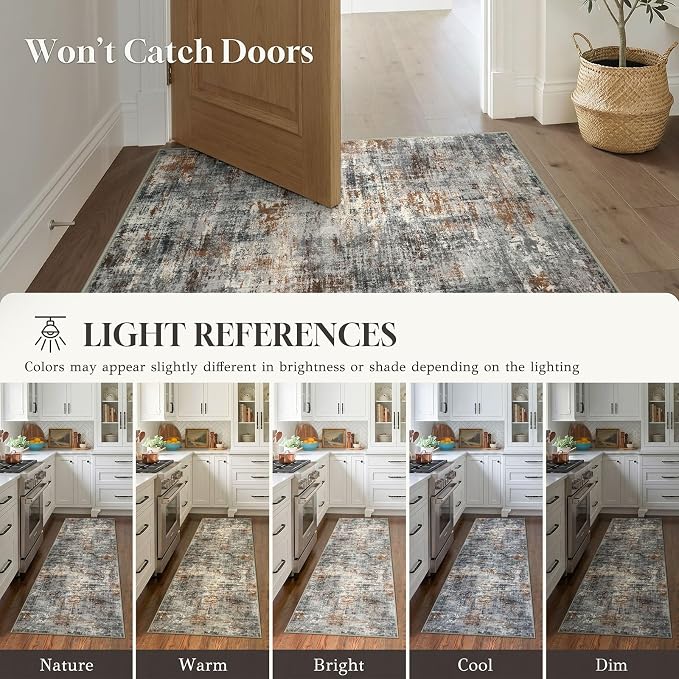 Lansny Abstract Washable 2x6 Hallway Runner Rug Non Slip Kitchen Runner | Grey/Multi;Thin Printed Faux Wool Rug Runners;Entryway Runner Indoor;Rubber Backed 6ft Carpet Runners for Hall;Bedroom Runner