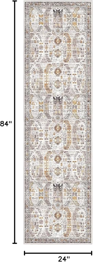 Madane Kitchen Runner Rug 2x7 with Rubber Backing Non Slip, Brown/Gold | Vintage Ultra-Thin Machine Washable Hallway Rugs 7 ft, Soft Low-Pile Throw Carpet Runners for Bedroom Bathroom Laundry Room