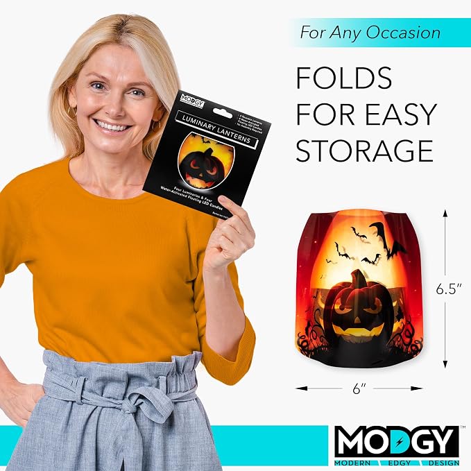 MODGY Luminary Lanterns, Halloween Candle Holders with Flameless Floating LED Candles, Indoor Outdoor Decor for Parties, Home, Windows, and Mantels, Table Centerpiece, 4-Pack, Jacko