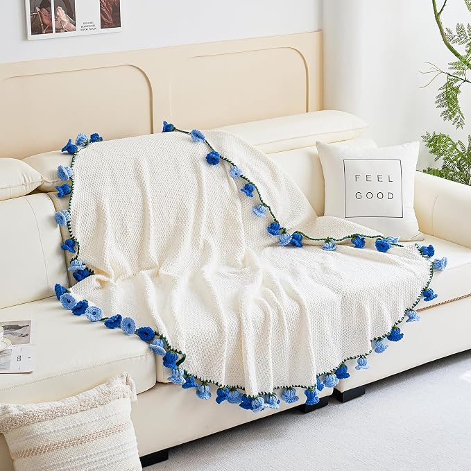 Crochet Flower Bouquet Throw Blanket, Handmade Knitted Blanket with Flowers, Cute Romantic Gift for Her Girlfriend Mom Mother’s Day Valentine Wedding Anniversary Birthday, Blue 40 Inches