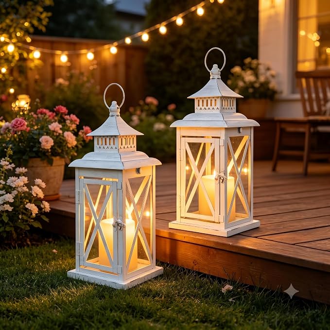 Lantern Decorative Indoor & Outdoor, 2 PCS 14.8''H Large Square Hanging Spring Home Decor, Vintage Metal Decorative Candle Lanterns for Outdoor Patio Wedding Party (White with Black Brush)