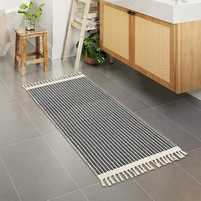 Lahome Boho Bathroom Runner Rug, 2x5 Washable Rugs for Kitchen Hallway | Entryway Laundry Room Throw Carpet with Tassels Woven Cotton, Farmhouse Non Shedding Indoor Door Mat for Bath Bedroom