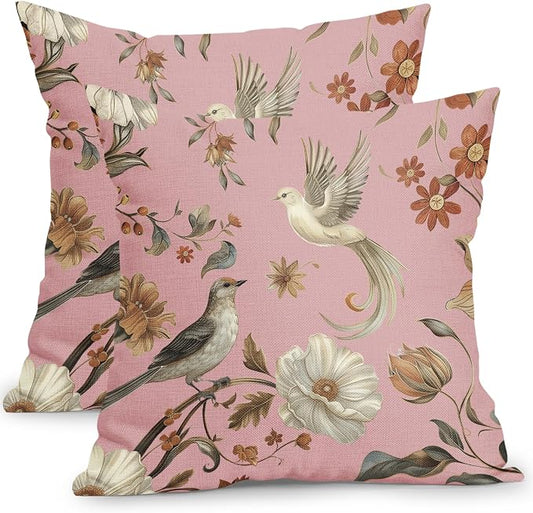 Kawani Vintage Floral Pillow Covers 16x16 Inch Set of 2 Pink Chinoiserie Flower and Bird Outdoor Decorative Throw Pillows Retro Rustic Pillowcases Farmhouse Cushion Covers for Couch Home Decor