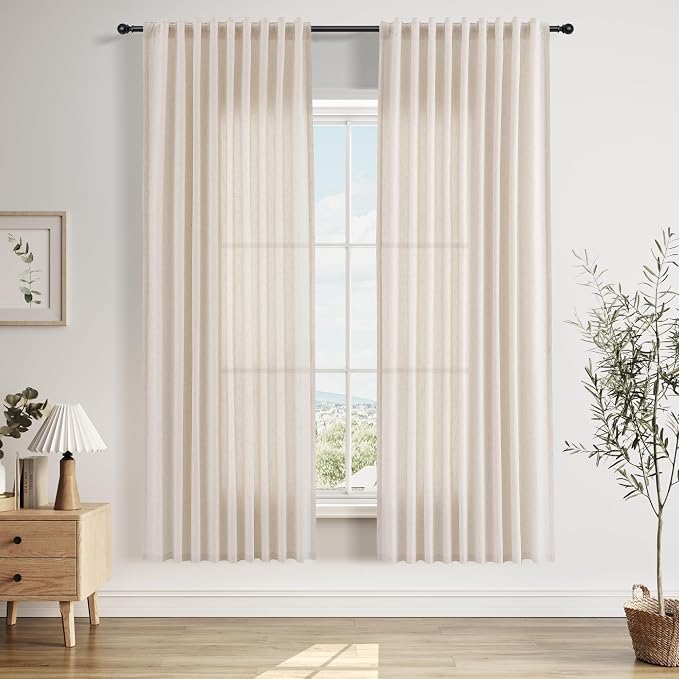 Linen Curtains 72 Inches Long for Living Room Semi Sheer Light Filtering Curtain Back Tab Rod Pocket Neutral Boho Modern Farmhouse Decor Window Drapes for Bedroom 52x72 2 Panels Linen