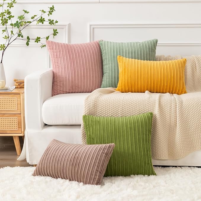 Kevin Textile Striped Corduroy 22”x22” Pillow Covers 2 Pack, Green