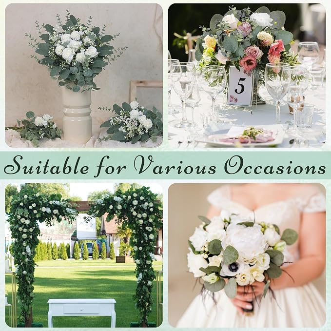 Eucalyptus Stems Bulk 60 Pcs, 4 Kinds Mixed Artificial Silver Dollar Eucalyptus Leaves Bundle Faux Greenery Branches for Wedding Vase Bouquet Floral Arrangement Centerpiece Home Decor