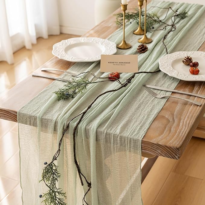 3Pcs Sage Green Cheesecloth Table Runner 120 Inches for Party Home Decor | For Wedding Baby Shower Bridal Shower Birthday Engagement Party 10FT Rustic Boho Home Decorations