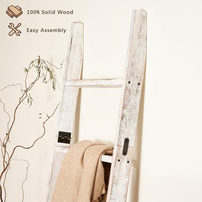 Blanket Ladder 6-Tier Washed White, Rustic Towel & Quilt Display Rack | farmhouse decorative white ladder for living room, bedroom or bathroom. Holds quilts, towels & blankets. Sturdy 6-tier wood.