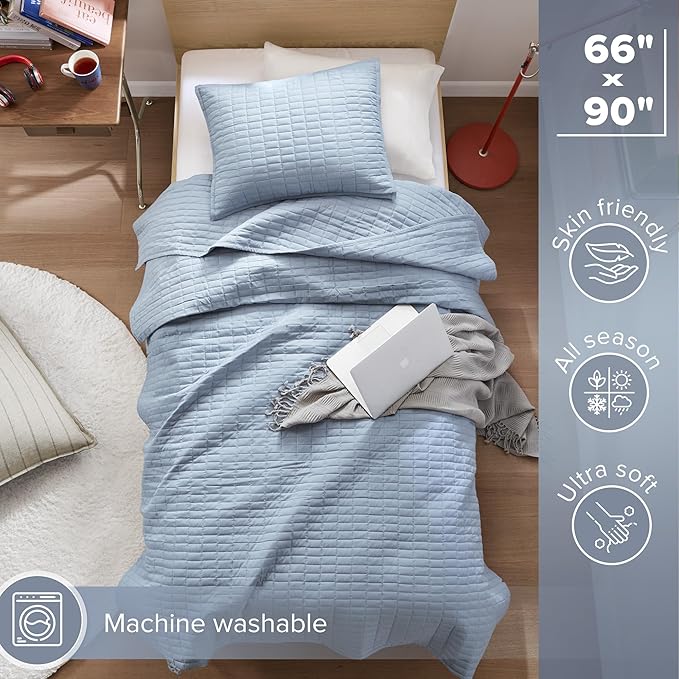Comfort Spaces Kienna Twin Quilt Bedding Set 2 Piece, 66"x 90" Blue | Soft Cozy Lightweight Summer Twin XL Coverlet for College Dorm, Quilted Extra Layer, Modern Casual Bedroom Decor, OEKO-TEX