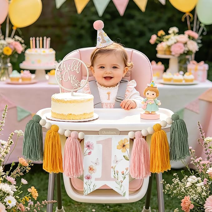 JUIIZAY Wildflower First Birthday Girl 1st High Chair Banner One Year Old