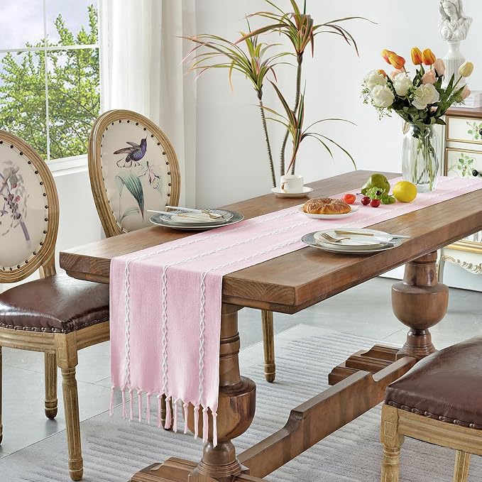 Wracra Rustic Linen Table Runner, Pink Table Runners 48 inches Long | Raised Embroidered Design and Hand-Tassels;Cotton Linen Woven Fabric; Farmhouse Table Runner;Home Kitchen Dining Decor