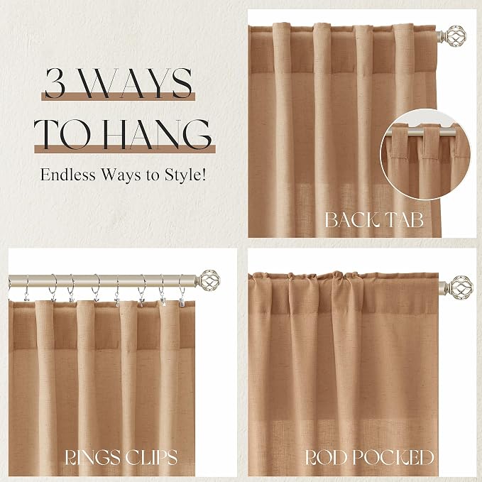 Jowels Camel Linen Curtains 84 Inch Long 2 Panels for Living Room | Light Filtering Semi Sheer Curtain, Back Tab Pocket Pleated Look, Boho Farmhouse Textured Privacy Drapes for Bedroom Window