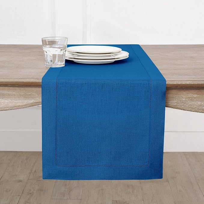 Solino Home 100% Pure Linen Table Runner Indigo Blue Hemstitch, 14 x 72 in | Classic Hemstitch, styles dining tables for meals and celebrations, hemstitched border, mitered corners, OEKO-TEX Certified