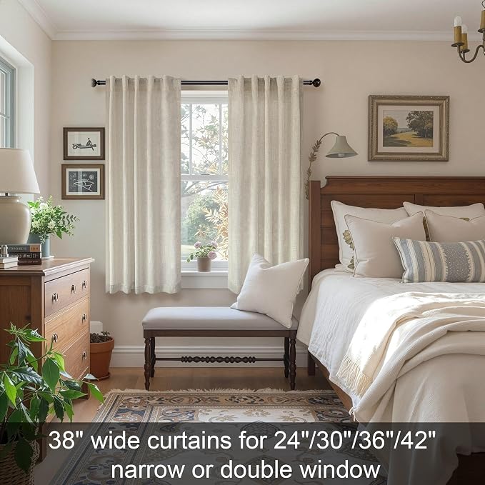 Flax Linen Curtains 38 Inch Width for Kitchen Farmhouse 2 Panels Back Tab Pocket Light Reducing Semi Sheer Tan Beige Curtains for Bathroom Window Door Entryway Cottage Decor Wide 38x45 Inch Length