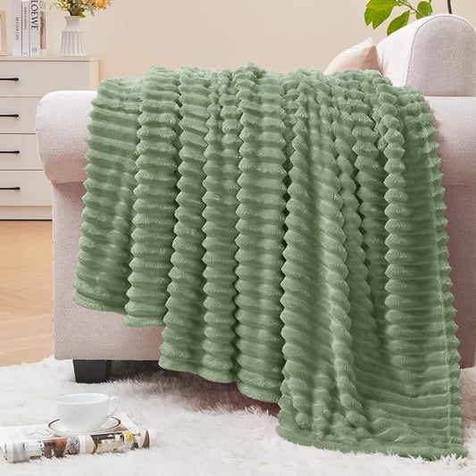 BEDELITE Ribbed Sage Grey Green Fleece Throw Blanket for Couch, 50x60 Inch | Soft Warm Decorative Fluffy Blanket, Cozy Plush Lightweight Fuzzy Throw Blanket for Bed Sofa Home Room Decor, Gift for Women