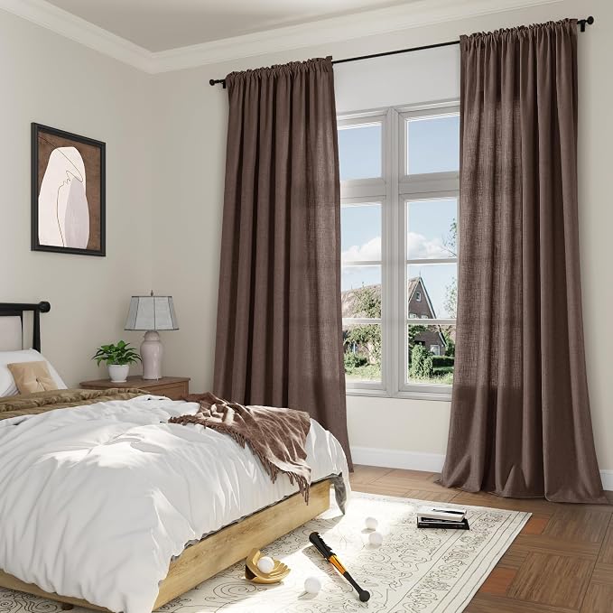 Cappuccino Linen Curtains 108 Inches Long Rod Pocket Semi Sheer Dining Room Cozy Bedroom Decor Cotton Look Country Rustic Farmhouse Boho Curtains 2 Panel Set,52x108