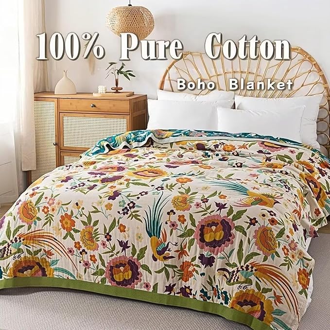 Boho Throw Blanket for Bed 100% Cotton Bohemian Blankets Ultra Soft Woven Muslin Decorative Blankets All Seasons Vintage Quilt Knitted Blanket for Sofa Chair(Beige, 60"x80")