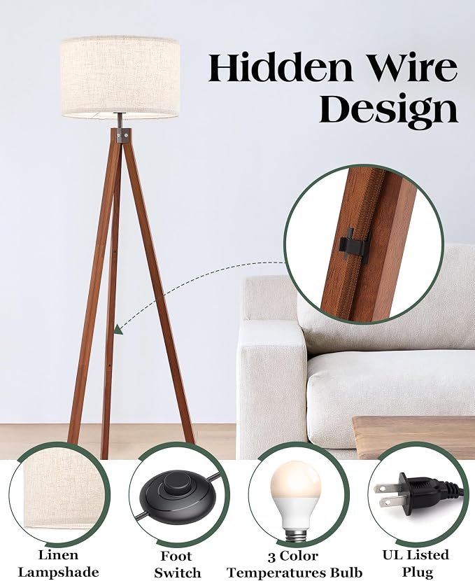 ELYONA Solid Wood Tripod Floor Lamp with 3 Color Temperatures LED Bulb, Mid Century Modern Reading Standing Light Nature Linen Shade Tall Night Light for Bedroom Living Room Office Study Room, Brown