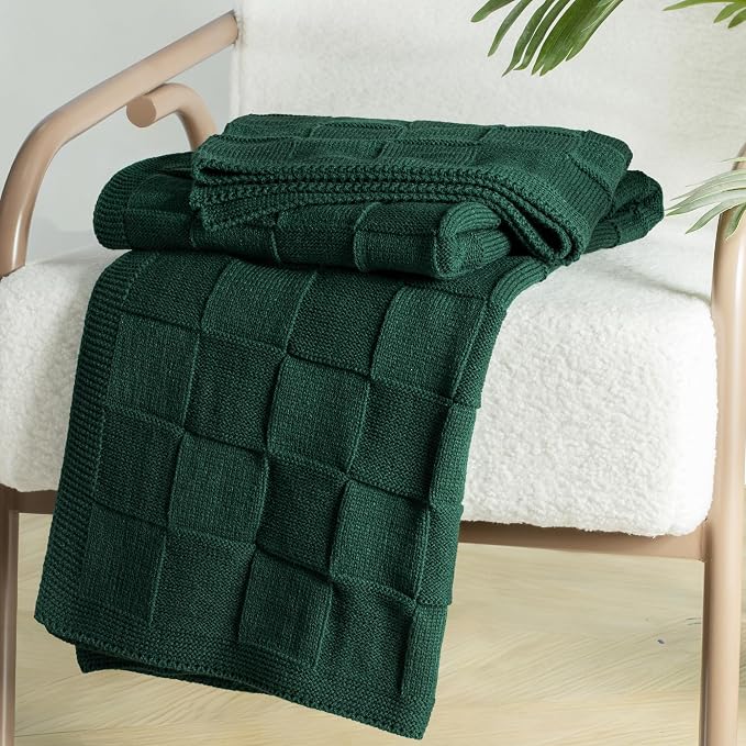 Whale Flotilla Checkered Knit Throw Blanket for Couch, Dark Green | Soft Decorative Knitted Blankets for Couch Sofa Bed, Lightweight Cozy Throws for Spring Summer, 60x80 Inch