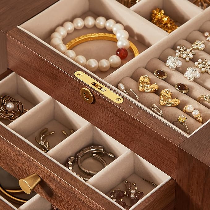 Black Walnut Wooden Jewelry Box for Women, 5 Layer | With Mirror, Lockable Top Lid, Velvet-Lined, Large Wood Jewelry Organizer For Watch Necklace Ring Earring, Gift