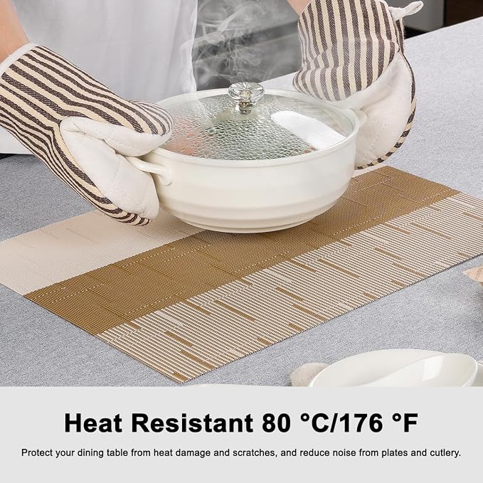 Placemats Set of 6, Vinyl Woven Heat-Resistant Place Mats | Washable Wipeable PVC Table Mats, Non Slip Placemat for Kitchen Dining Indoor Outdoor Table (Beige Light Brown, Set of 6)