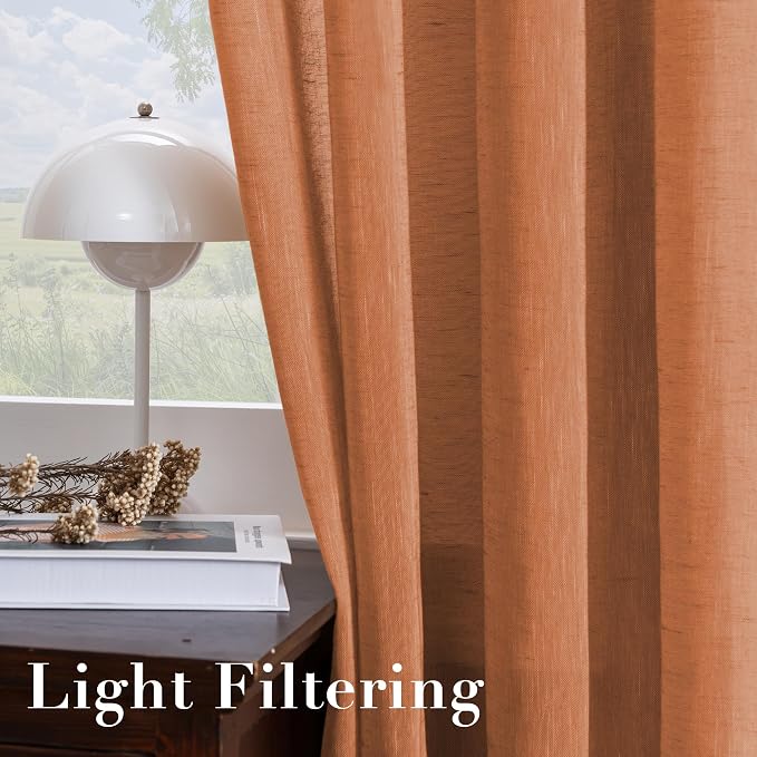 H.VERSAILTEX Linen Curtains Natural Linen Blended Curtain Panels for Living Room/Light Reducing Linen Semi Sheer Curtains 2 Panels Set Nickel Grommet Window Panels (52x63 Inch, Orange)