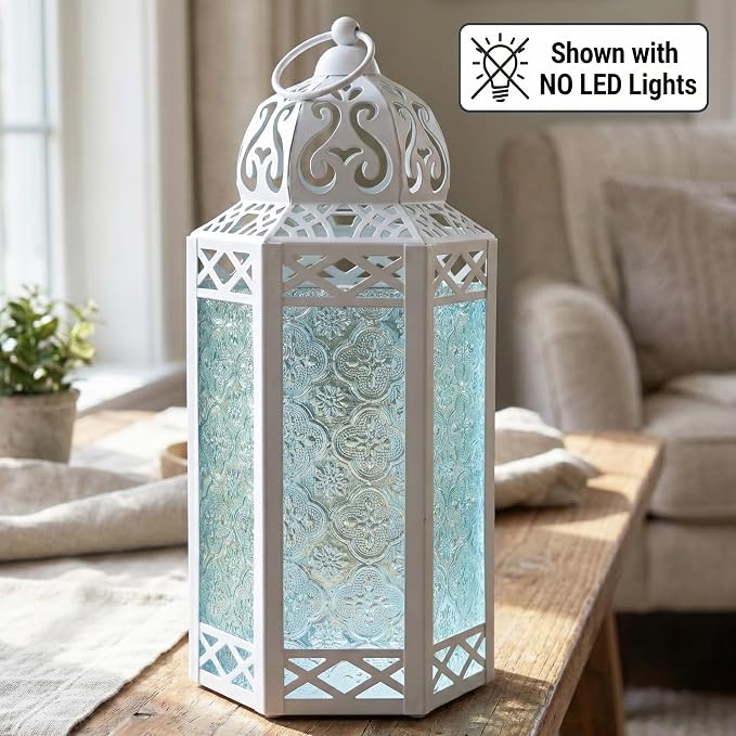 Vela Lanterns Decorative Indoor White Fairy Light Wedding Candle Holder, L | Fantasy Moroccan Decor, Ramadan & Eid Table Centerpieces, Metal Hanging Flameless LED Lamp, Outdoor Porch Patio, 12" Tall