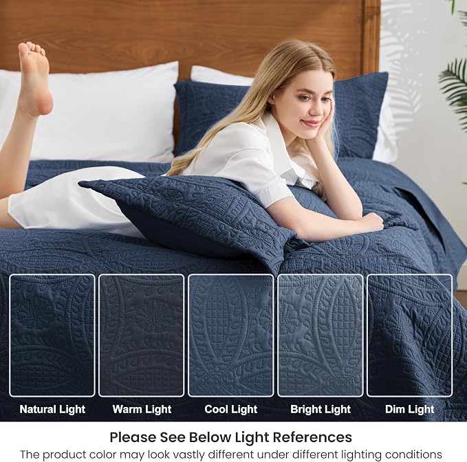 Love's cabin Oversized King Size Quilt Bedding Set Navy Bedspreads - Oversized King Lightweight Bedspread Comforter - Coin Pattern Coverlet for All Season - 3 Pieces (1 Quilt, 2 Pillow Shams)
