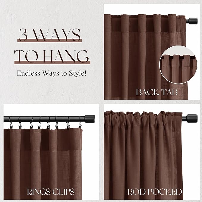 Jowels Rustic Brown Linen Curtains 84 Inch Long 2 Panels for Living Room | Light Filtering Semi Sheer Curtain, Back Tab Pocket Pleated Look, Boho Farmhouse Textured Privacy Drapes for Bedroom Window
