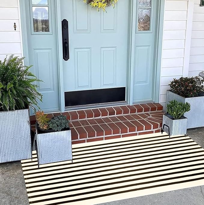 Black and Beige Outdoor Rug 2'x4.3',Striped Front Porch Rug Machine Washable Front Door Mat Entryway Throw Rug for Front Porch Indoor Outdoor Doormat
