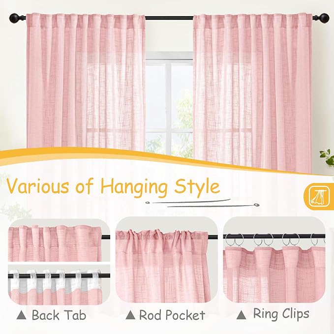 YoungsTex Light Pink Linen Semi Sheer Curtains 84 Inch Length for Living Room, Light Filtering Window Treatments Textured with Rod Pocket Back Tab for Girl Kids Bedroom, 2 Panels, 52 X 84 Inch