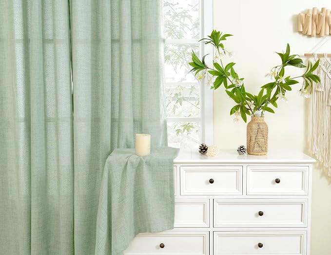 YoungsTex Sage Green Curtains, Linen Semi Sheer Drapes 84 Inch Long 2 Panel | Light Filtering with Grommet Window Treatments for Dining Bedroom Living Room, 52 X 84 Inch