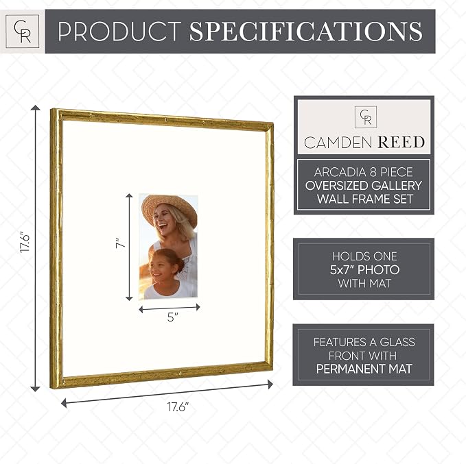 Arcadia Gallery Wall Frame Set, 16x20 and 16x16 Inch Matted Frames, 8 Piece, Antique Gold