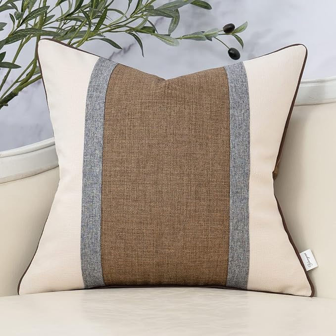 Yangest Patchwork Pillow Cover 20x20 Inch Luxury Cotton and Linen Cushion Cover Square Pillowcover for Couch Bedroom Living Room, Brown