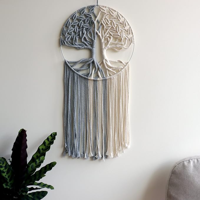 GUKALYLY Tree of Life Macrame Wall Hanging,Chic Handmade Woven Boho Home Décor,Eclectic Wall Decor for Bedroom Nursery Apartment Dorm Decoration,Gift for Teen Girl Mom(13" W X 31.5" L) (Grey&White)