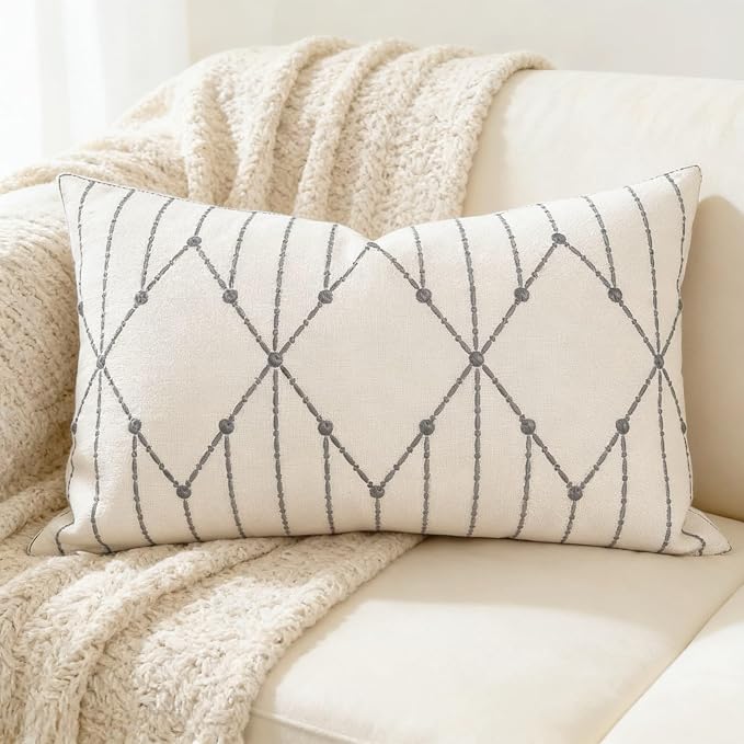 Slow Cow Linen Embroidery Rectangular Pillow Cover Cushion Cover Decorative Lumbar Throw Pillow Cover for Couch Sofa 12 x 20 Inches Dark Gray