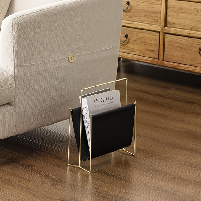 MyGift Black Leatherette Magazine Holder with Gold Metal Frame, 13 Inch | Sleek sling-style organizer keeps magazines, books, and reading materials accessible while adding modern elegance to any room