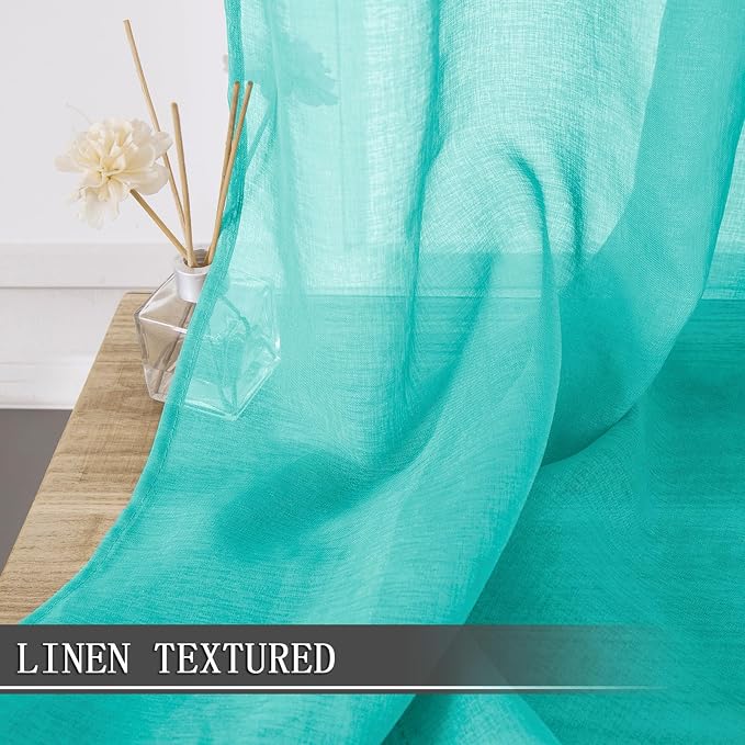 Tollpiz Short Sheer Curtain Living Room Linen Textured Curtains Sheer Light Filtering Voile Rod Pocket Curtain for Bedroom, 38 x 54 inches Long, Aqua Blue, Set of 2 Panels