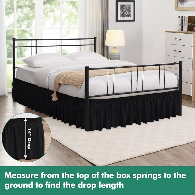 Wrap Around King Size Bed Skirt Split Corner 14" Drop-Elastic Dust Ruffle | Black Adjustable Pleated Bedskirt-Easy Fit Wrinkle Resistant Washable Fabric Bed Skirting-Master Guest Bedroom Couples Hotels