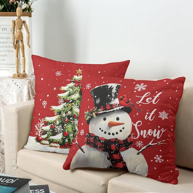 Red Christmas Pillow Covers Snowman Throw Pillow Covers Xmas Tree Pillow Case 24x24 Winter Snowflakes Cotton Blend Cushion Case for Holiday Decor Couch Sofa 2 Pack