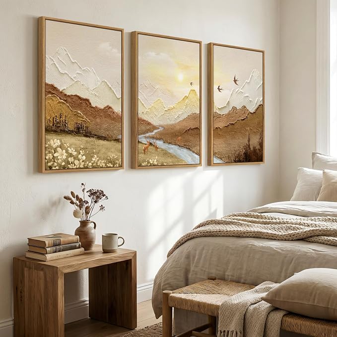 Framed Brown Abstract Mountain Wall Art for Living Room, 3 Piece, 24x36 In | Landscape, Neutral, Sunset scenic, Nature, River, Deer bird print, Minimalist, Rustic, Bedroom decor, Home office, Hallway