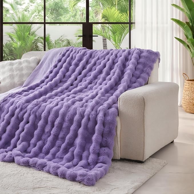 Lotus Karen Faux Fur Throw Blanket Purple - Big Bubble Rabbit Fluff Blanket for Couch Bed Sofa,Softest Fluffy Fuzzy Cozy Blanket,Thick Furry Plush Shaggy Warm Blankets for Women,90x90 Inches
