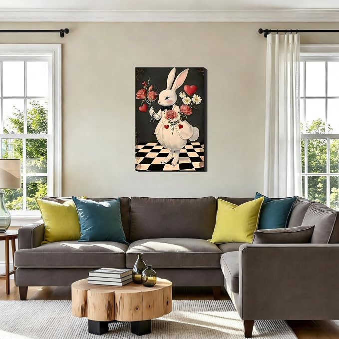 RIBNTAK Miss Rabbit with Rose Large Easter Wall Art 20x30, Sweet Spring Bunny Painting Canvas Prints for Mantle Decor, Bunny Pictures for Living Room, Kitchen, Holiday Home Decoration