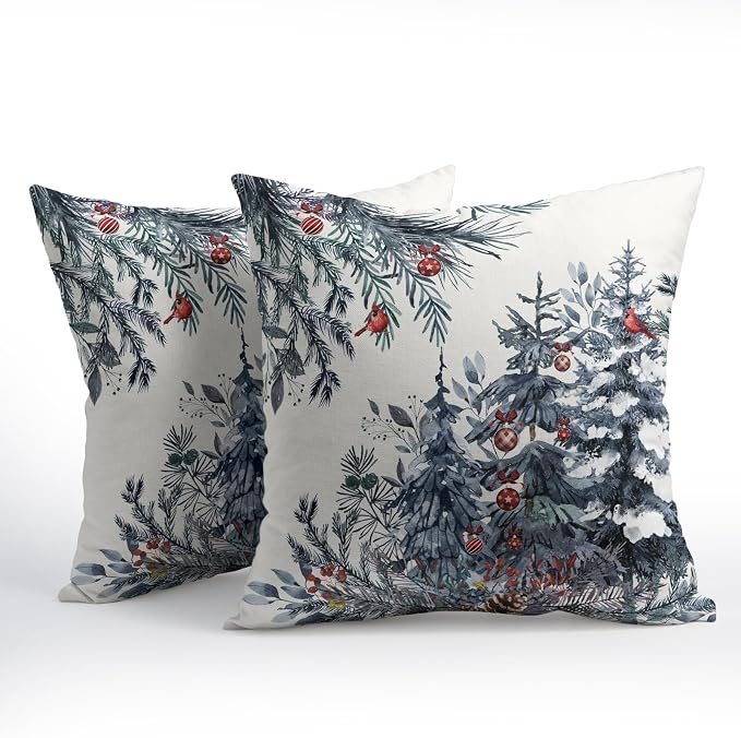 Christmas Tree Throw Pillow Covers 22x22 Inch Set of 2 Winter Watercolor Blue Grey Pine Trees Berry Bells Birds Decorative Pillowcase Xmas Holiday Cotton Linen Cushion Cover for Home Sofa Couch Patio