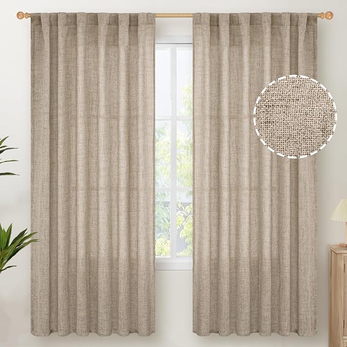 YoungsTex Dark Oatmeal Linen Semi Sheer Curtains 72 Inches Long 2 Panels | Tan Burlap Drapes Light Filtering with Back Tab Rod Pocket Privacy for Farmhouse Bedroom, 52 X 72 Inch