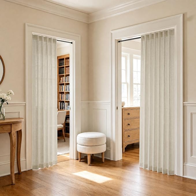 Pitalk Beige Sheer Curtains 80 Inch Length for Living Room 2 Panel Back Tab Rod Pocket Neutral Rustic Modern Farmhouse Semi Privacy Flax Linen Drape Pleated Curtain for Bedroom Wide 52x80 Long Curtain